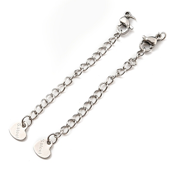 304 Stainless Steel Curb Chain Extender, End Chains with Lobster Claw Clasps and Heart Chain Tabs, Stainless Steel Color, 75mm