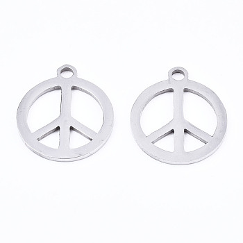 201 Stainless Steel Charms, Laser Cut, Peace Sign, Stainless Steel Color, 16x14x1mm, Hole: 1.4mm