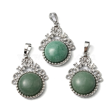 Platinum Flat Round Green Aventurine Pendants