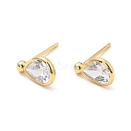 Clear Cubic Zirconia Teardrop Stud Earrings, Brass Jewelry for Women, Cadmium Free & Nickel Free & Lead Free, Real 18K Gold Plated, 11x6.5mm, Pin: 0.7mm(X-EJEW-G297-23G)