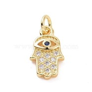 Brass Micro Pave Cubic Zirconia Charms, with Jump Ring, Hamsa Hand with Evil Eye Charm, Golden, 12.5x7.5x2mm, Hole: 2.8mm(KK-C012-47G)