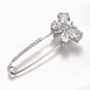 Brass Micro Pave Cubic Zirconia Safety Brooch, Butterfly, Clear, Platinum, 58x25mm, Pin: 1.5mm(JEWB-I010-11P)