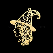 Vacuum Plating 201 Stainless Steel Pendants, Laser Cut, Witch, for Halloween, Golden, 43x30x1mm, Hole: 1.5mm(STAS-T056-LA329-2)