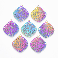Ion Plating(IP) 201 Stainless Steel Filigree Pendants, Etched Metal Embellishments,  Rhombus, Rainbow Color, 22.5x20x0.4mm, Hole: 1.5mm, Diagonal Length: 22.5mm, Side Length: 17.5mm(STAS-T057-16)