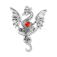 Tibetan Style Alloy Pendants, Dragon Charms with Resin, Antique Silver, Red, 48.5x37.5x5mm, Hole: 2mm(PALLOY-O002-15A-AS)