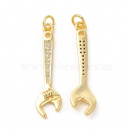Rack Plating Brass Micro Pave Cubic Zirconia Tool Pendants, Cadmium Free & Lead Free, Wrench Charm, with Jump Ring, Real 18K Gold Plated, 32x8x2.5mm, Hole: 3.4mm(KK-I699-12G)