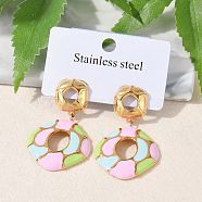 304 Stainless Steel Enamel Dangle Stud Earrings for Women, Rhombus, Golden, Pink, 43x26.5mm(EJEW-F353-01G-01)