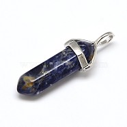 Natural Sodalite Double Terminated Pointed Pendants, with Random Alloy Pendant Hexagon Bead Cap Bails, Bullet, Platinum, 36~45x12mm, Hole: 3x5mm, Gemstone: 10mm in diameter(G-J261-B10)