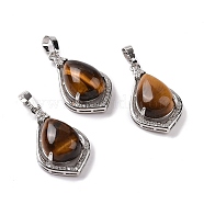 Natural Tiger Eye Pendants, Teardrop Charms, with Platinum Tone Rack Plating Brass Findings, 32x19x10mm, Hole: 8x5mm(G-H283-04P-22)