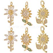 12Pcs 3 Style Brass Micro Pave Cubic Zirconia Pendants, with Jump Ring, Cadmium Free & Lead Free, Sunflower, Real 18K Gold Plated, 18~19.5x11~12.5x1.5~5mm, Hole: 3~3.6mm, 4pcs/style(KK-BBC0002-98)