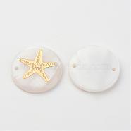 Freshwater Shell Links connectors, Flat Round with Gold Blocking Starfish/Sea Stars, Golden, 20x3~4mm, Hole: 1.5mm(SHEL-S247-13)