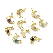 Natural & Synthetic Mixed Gemstone Pendants, with Rack Plating Golden Tone Brass Findings, Cadmium Free & Lead Free, Moon, 31.5~33x22x8.5mm, Hole: 2.5~3mm(G-H281-41G)