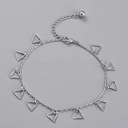 Brass Textured Triangle Charm Anklets, with Cable Chains and Bell Charms, Platinum, 8-5/8 inch(22cm)(X-AJEW-B005-23P)