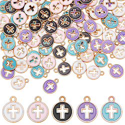 100Pcs 5 Colors Light Gold Plated Alloy Enamel Pendants, Flat Round with Cross, Mixed Color, 15x12x1.5mm, Hole: 1.6mm, 20pcs/color(ENAM-AR0001-73)