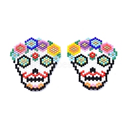 Handmade Seed Beads Pendants, with Elastic Thread, Loom Pattern, Sugar Skull, For Mexico Holiday Day of The Dead, Colorful, 41x36x1.5mm(SEED-I012-16)