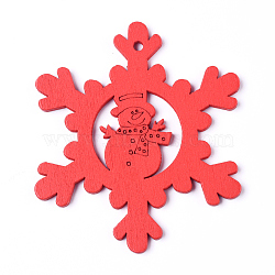 Natural Poplar Wood Big Pendants, Spray Painted, for Christmas, Snowflake with Snowman, Red, 69.5x60.5x2.5mm, Hole: 2.5mm(WOOD-D010-01A)