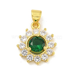 Flower Rack Plating Brass Micro Pave Cubic Zirconia Pendants, Cadmium Free & Lead Free, Long-Lasting Plated, Real 18K Gold Plated, Green, 18x14.5x5mm, Hole: 3.5x5mm(KK-G513-92G-04)