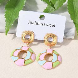 304 Stainless Steel Enamel Dangle Stud Earrings for Women, Rhombus, Golden, Pink, 43x26.5mm(EJEW-F353-01G-01)