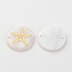 Freshwater Shell Links connectors, Flat Round with Gold Blocking Starfish/Sea Stars, Golden, 20x3~4mm, Hole: 1.5mm(SHEL-S247-13)