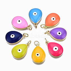 Brass Enamel Pendants, with Jump Ring, Cadmium Free & Nickel Free & Lead Free, Teardrop with Evil Eye, Real 16K Gold Plated, Mixed Color, 18.5x12x3.5mm, Jump Ring: 5x0.7mm, 3.6mm Inner Diameter(KK-S362-017-NR)