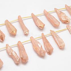 Electroplated Natural Quartz Crystal Beads Strands, Top Drilled Beads, Dyed, Teardrop, Wheat, 27~34x8~12x5~9mm, Hole: 1.5mm, about 22pcs/strand, 14.3 inch(G-G890-B-09)