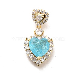 Brass Micro Pave Clear Cubic Zirconia Pendants, with Faceted Glass, Heart, Real 18K Gold Plated, Deep Sky Blue, 29mm, Hole: 5x4mm(KK-I695-005D)