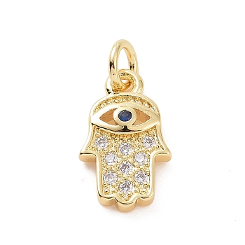 Brass Micro Pave Cubic Zirconia Charms, with Jump Ring, Hamsa Hand with Evil Eye Charm, Golden, 12.5x7.5x2mm, Hole: 2.8mm
