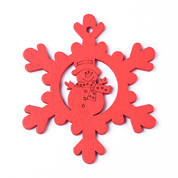 Natural Poplar Wood Big Pendants, Spray Painted, for Christmas, Snowflake with Snowman, Red, 69.5x60.5x2.5mm, Hole: 2.5mm
