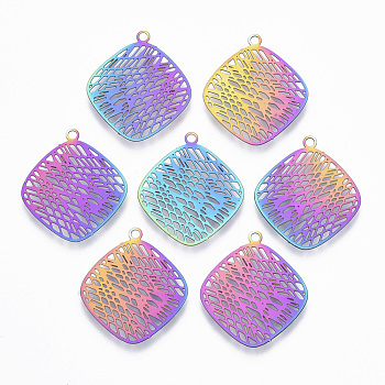 Ion Plating(IP) 201 Stainless Steel Filigree Pendants, Etched Metal Embellishments,  Rhombus, Rainbow Color, 22.5x20x0.4mm, Hole: 1.5mm, Diagonal Length: 22.5mm, Side Length: 17.5mm