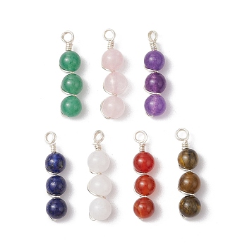 Natural Green Aventurine/Amethyst/Carnelian/Tiger Eye/Rose Quartz/Lapis Lazuli/White Jade Round Beaded Copper Wire Wrapped Pendants, Mixed Dyed and Undyed, Silver, 35x9x8.5mm, Hole: 3.5mm