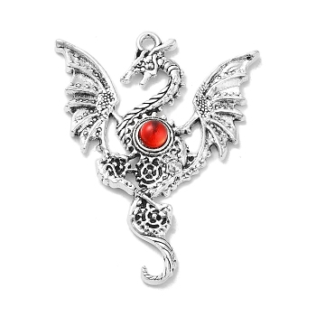Tibetan Style Alloy Pendants, Dragon Charms with Resin, Antique Silver, Red, 48.5x37.5x5mm, Hole: 2mm