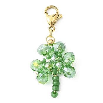 Glass Pendant Decoration, with 304 Stainless Steel Lobster Claw Clasps, Clover, Lime Green, 38~39.5mm, Pendant: 25~25.5x19x5mm