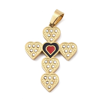 Ion Plating(IP) 304 Stainless Steel Enamel Rhinestone Pendants, Cross Charms, Real 18K Gold Plated, 34x24x2.5mm, Hole: 6x4mm