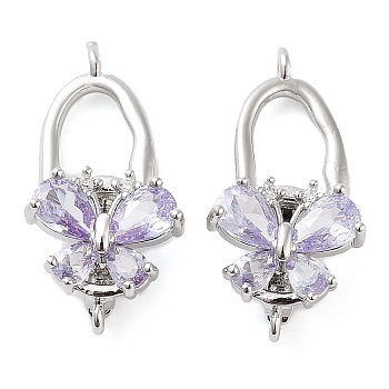 Brass Micro Pave Clear Cubic Zirconia Fold Over Clasps, Butterfly, Violet, Platinum, 25.5x12.5x8mm, Hole: 1.2mm