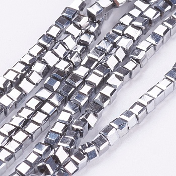 Electroplate Glass Beads Strands, Cube, Platinum Plated, 3x3x3mm, Hole: 1mm, about 98Pcs/strand, 10.5 inch