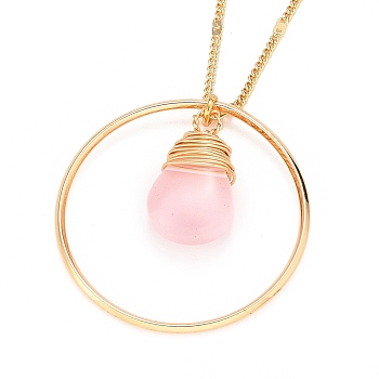 Teardrop Glass Beads Pendant Necklaces, with Golden Plated Brass Figaro Chains and Lobster Claw Clasps, Pink, 20 inch(50.7cm)