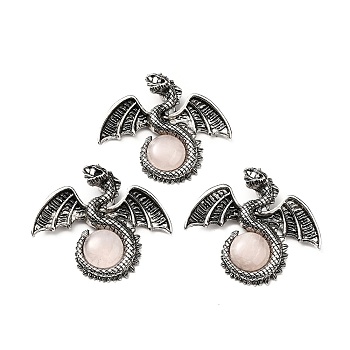Natural Rose Quartz Big Pendants, Dragon Charms, with Rack Plating Antique Silver Tone Alloy Findings, Cadmium Free & Lead Free, 49x56x12mm, Hole: 6~6.5mm