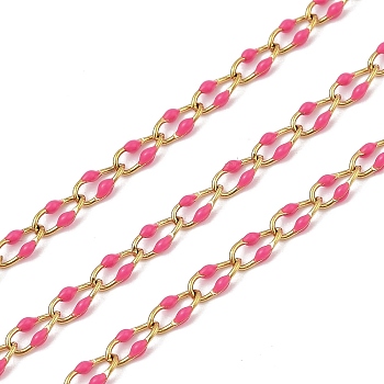 Ion Plating(IP) 304 Stainless Steel Link Chains, with Enamel, with Spool, Polished, Soldered, Real 18K Gold Plated, Deep Pink, 6.8x3.3x1.3mm, about 32.81 Feet(10m)/Roll