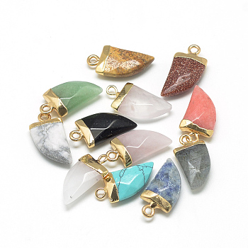 Natural & Synthetic Mixed Stone Pointed Pendants, with Brass Findings, Faceted, Tusk Shape, Golden, Mixed Color, 21x11x5.5mm, Hole: 2mm