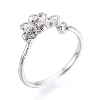 Flower Brass Micro Pave Clear Cubic Zirconia Cuff Ring Settings, for Half Drilled Beads, Cadmium Free & Nickel Free & Lead Free, Real Platinum Plated, Pin: 0.9mm, 7.9mm, Inner Diameter: 17.3~18mm