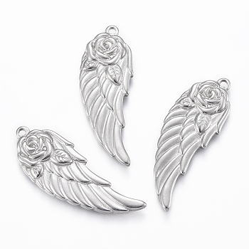 304 Stainless Steel Pendants, Wing, Stainless Steel Color, 37x13.5x2.5mm, Hole: 1.5mm