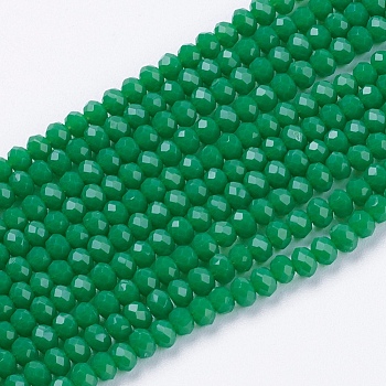 Opaque Solid Color Glass Bead Strands, Imitation Jade, Faceted, Rondelle, Green, 3x2mm, Hole: 0.8mm, about 185~190pcs/strand, 14.9~17.3 inch(38~44cm)