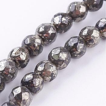 Natural Pyrite Beads Strands, Round, Faceted, 6mm, Hole: 1mm, about 33pcs/strand, 8 inch
