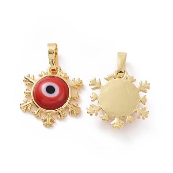 Handmade Evil Eye Lampwork Pendants, with Real 18K Gold Plated Tone Brass Findings, Snowflake Charm, Red, 15x16x4mm, Hole: 4x6.5mm