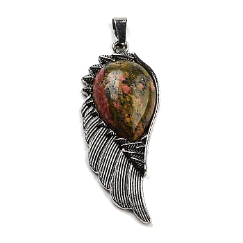 Natural Unakite Big Pendants, Wing Charms with Alloy Findings, Antique Silver, 56.5~57x22.5~23x7~8mm, Hole: 4x8.5mm