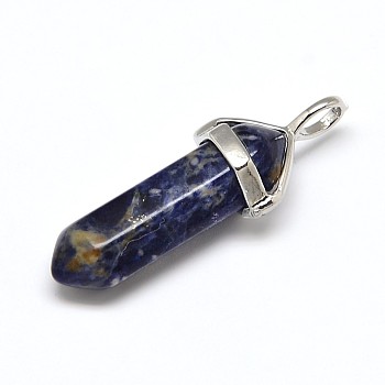 Natural Sodalite Double Terminated Pointed Pendants, with Random Alloy Pendant Hexagon Bead Cap Bails, Bullet, Platinum, 36~45x12mm, Hole: 3x5mm, Gemstone: 10mm in diameter