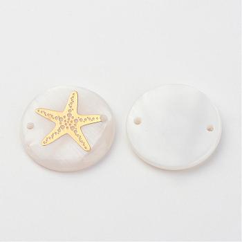 Freshwater Shell Links connectors, Flat Round with Gold Blocking Starfish/Sea Stars, Golden, 20x3~4mm, Hole: 1.5mm