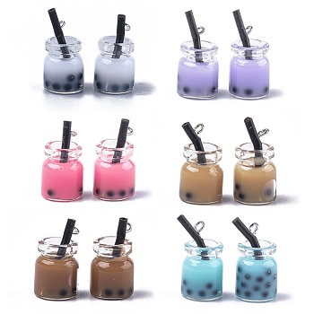 Glass Bottle Pendants, with Resin Inside and Iron Findings, Imitation Bubble Tea/Boba Milk Tea, Mixed Color, 20~25x11~14x11mm, Hole: 1.8mm