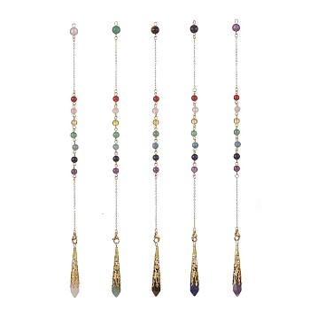 Mixed Gemstone Pointed Dowsing Pendulums, with Brass Findings & Chakra 201 Stainless Steel Pendants, Faceted Bullet, 276mm, Hole: 2.5mm