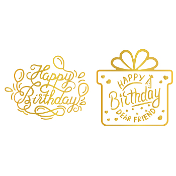 Globleland 2Pcs 2 Style Carbon Steel Hot Foil Plate Metal Dies, for DIY Scrapbooking Embossing, Photo Album Craft Making Template, Gift Box & Word Happy Birthday Theme, Birthday Themed Pattern, 1pc/style
